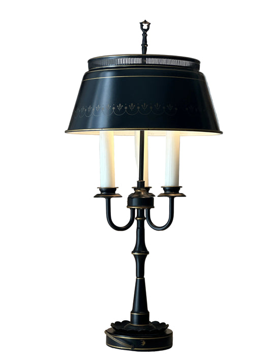 Vintage French Country Black Tole Metal Three Arm Candelabra Table Lamp with Shade