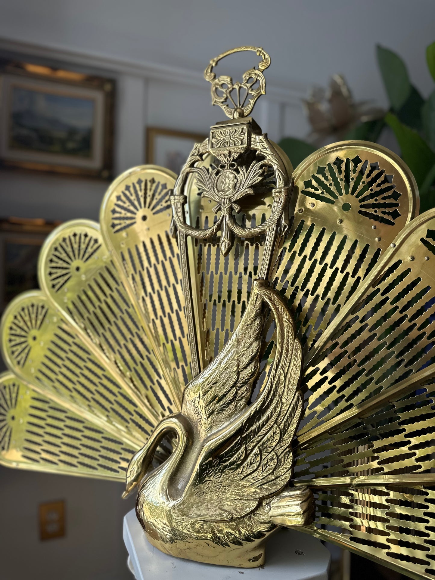 Vintage Swan Themed Brass Peacock Fireplace Fan Folding Screen