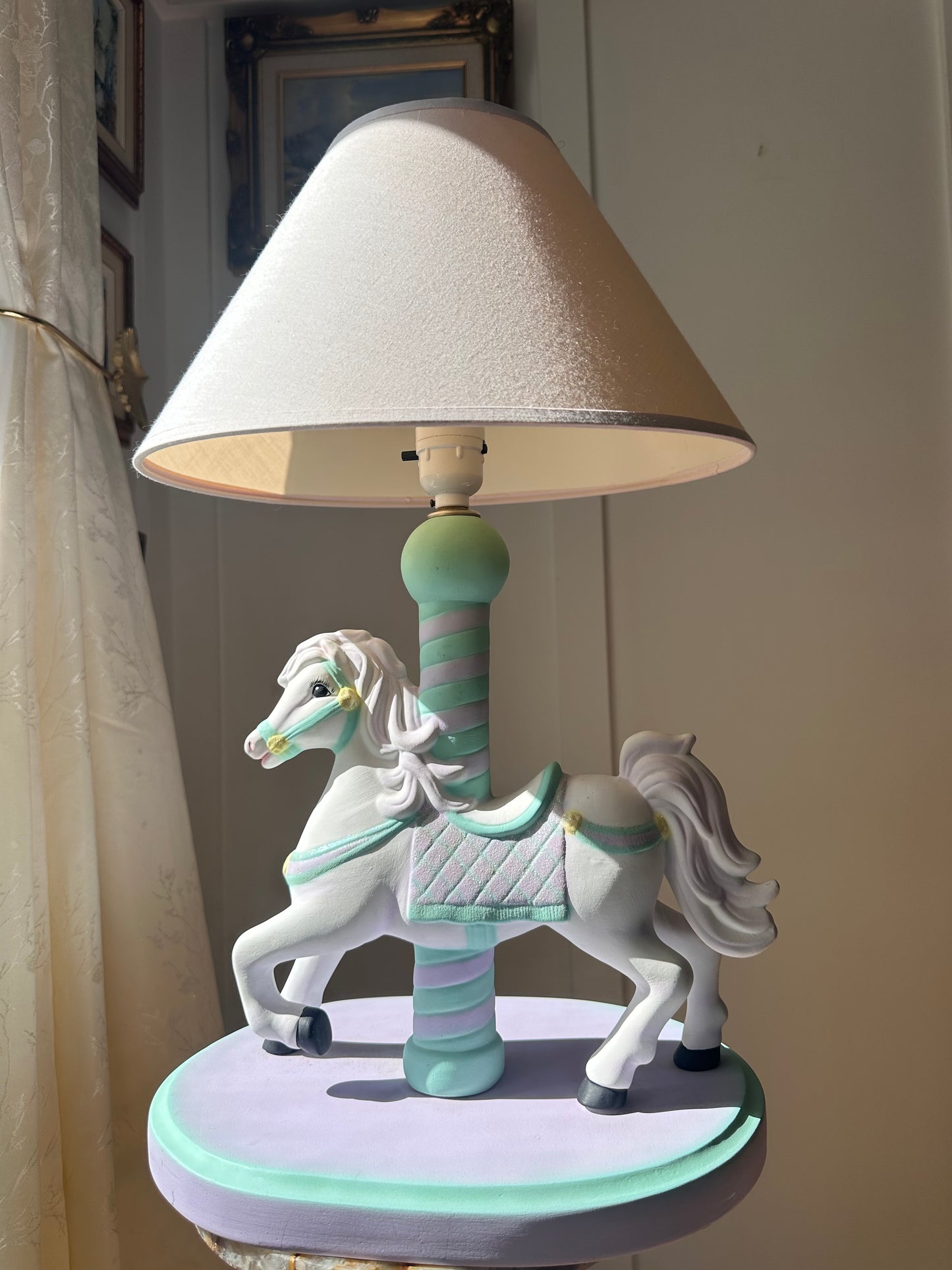 Vintage Lamp for Kids Ceramic White Horse Carousel Shape