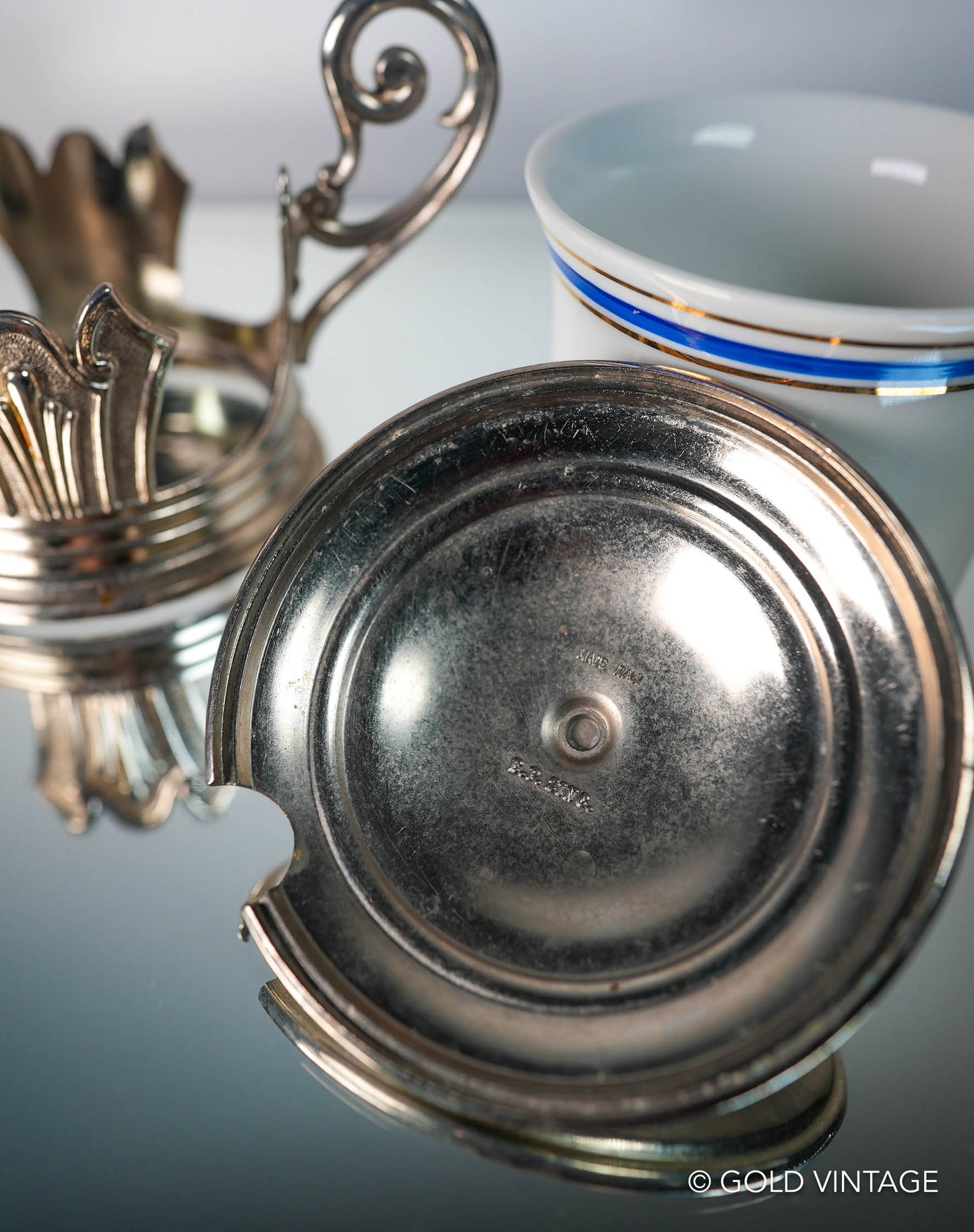Vintage Italian Chrome & Porcelain Jam Pot Or Sugar Bowl, EP Zinc Chrome Stand Made In Italy, Art Deco Style