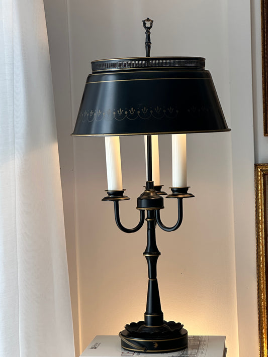 Vintage French Country Black Tole Metal Three Arm Candelabra Table Lamp with Shade