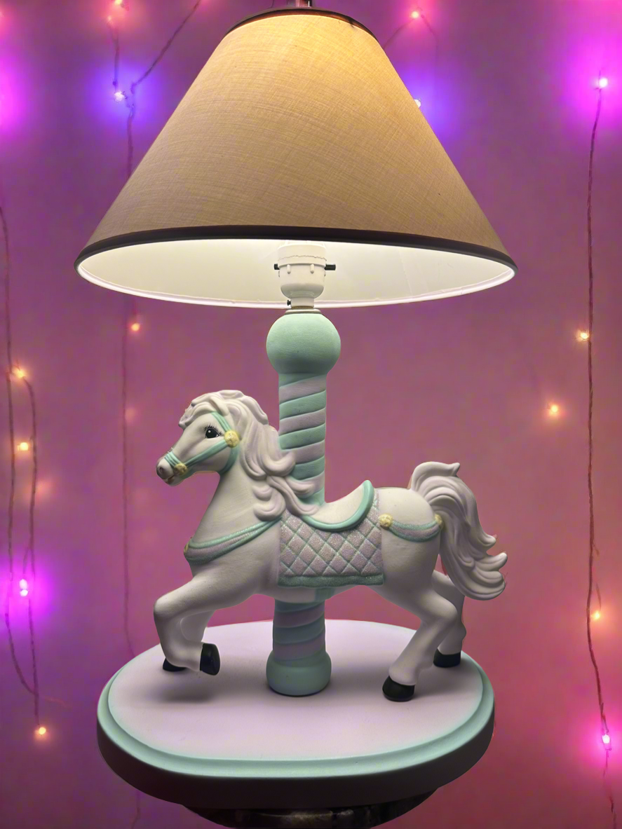 Vintage Lamp for Kids Ceramic White Horse Carousel Shape