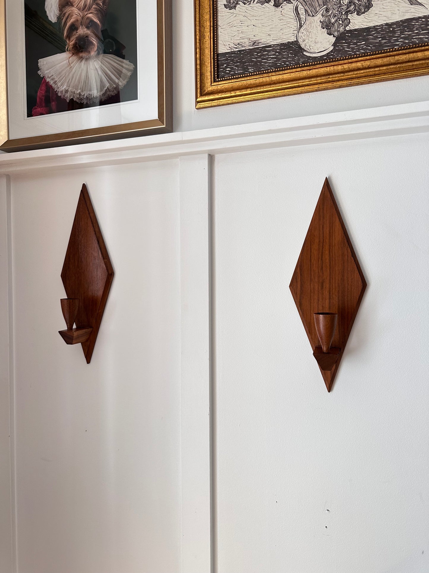 Pair of MCM Wooden Diamond-Shaped Wall Candle Sconces