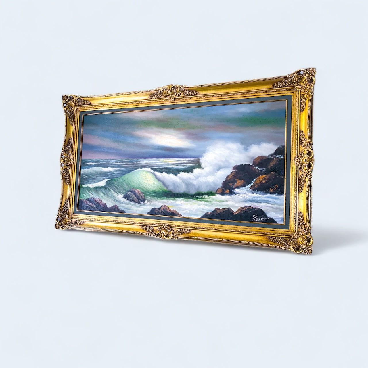 Large Vintage Ocean Oil Painting with Baroque Wood Gold Frame *Signed*