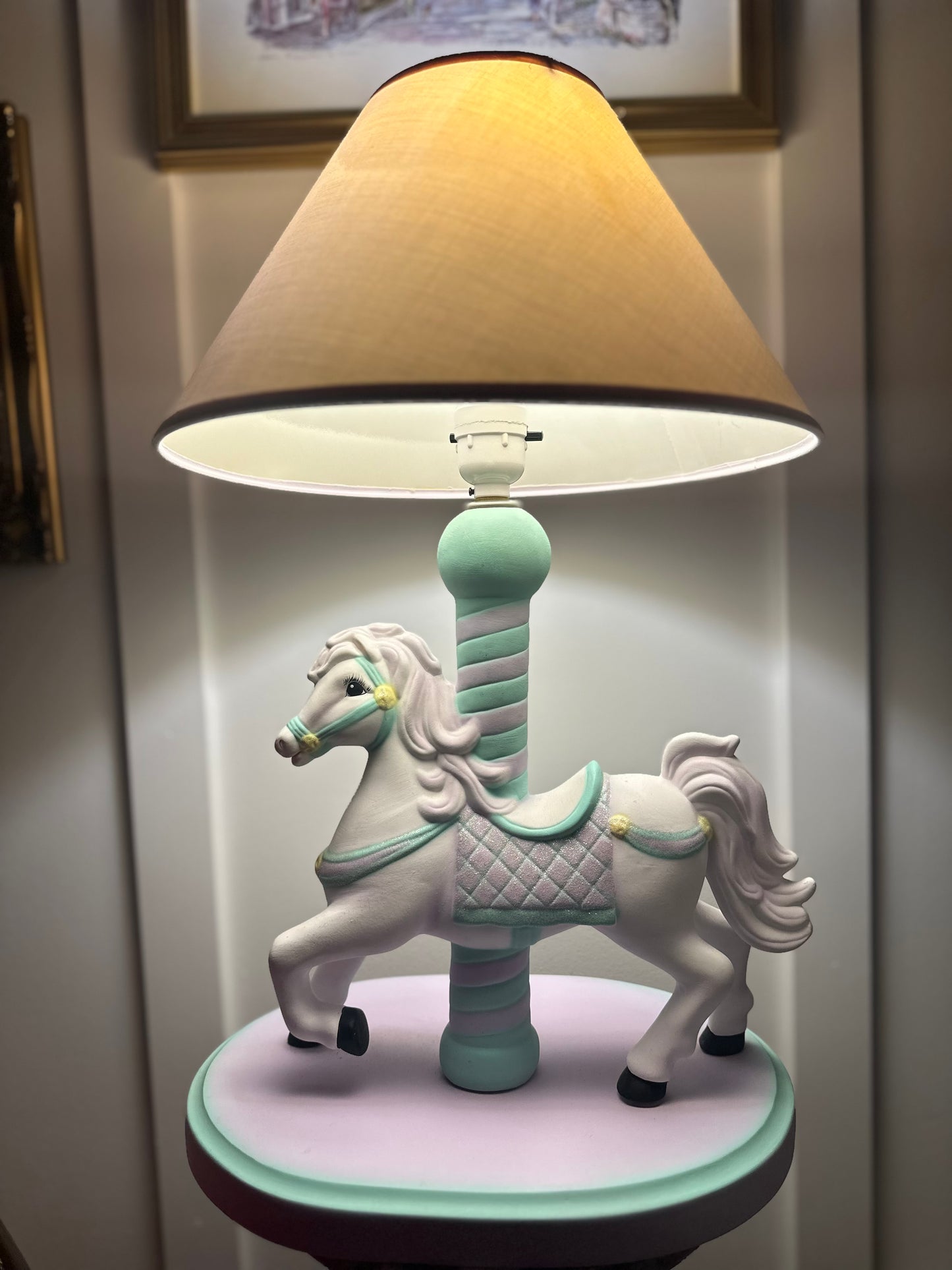Vintage Lamp for Kids Ceramic White Horse Carousel Shape