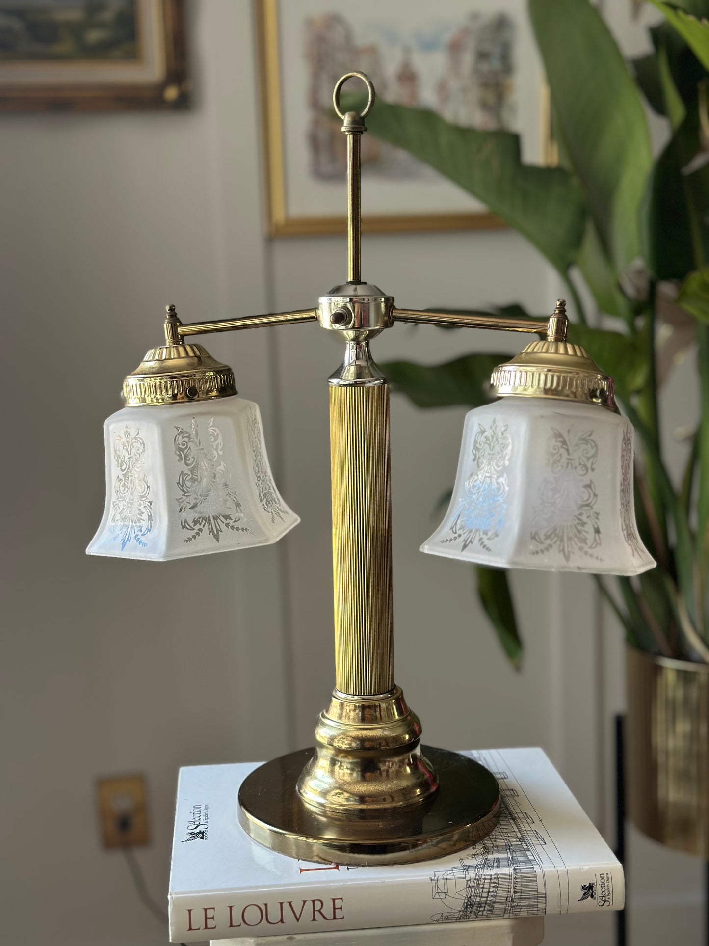 Vintage Brass Table Lamp,  Victorian  Morif Glass Shades