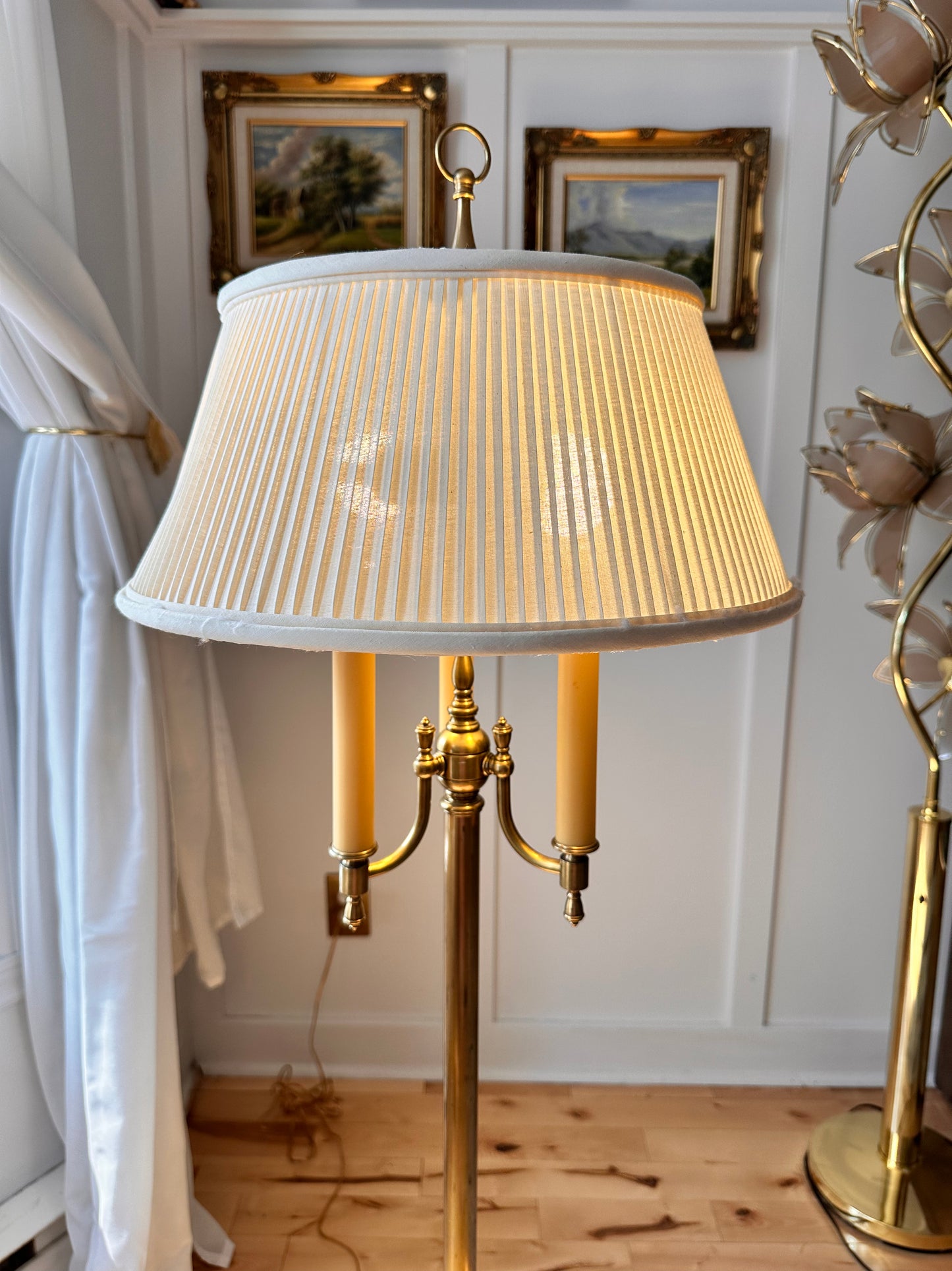 Antique Floor Lamp Brass Body & White Textile Original Shade