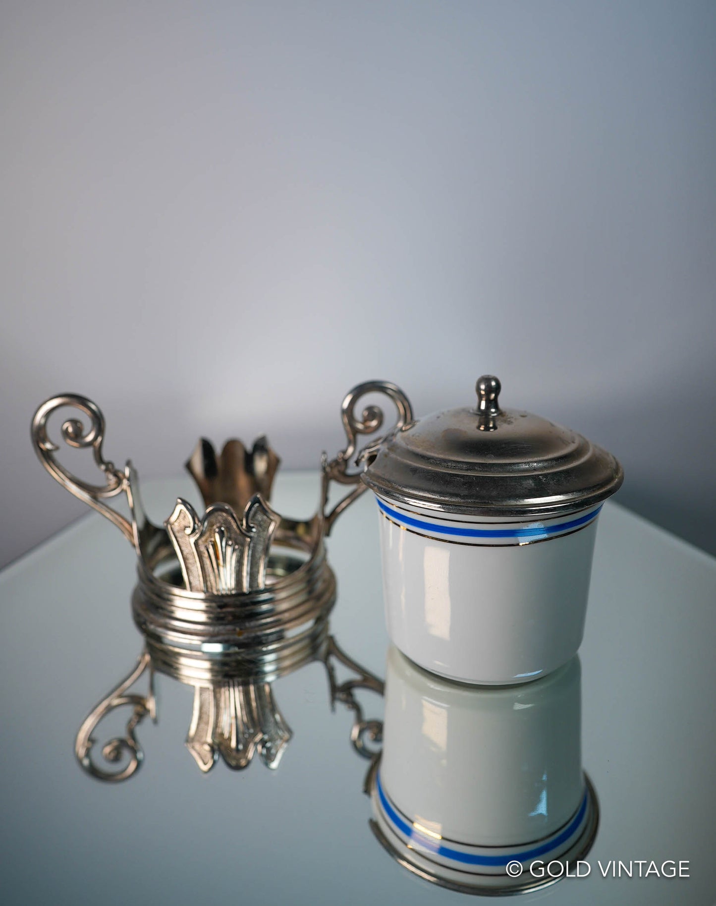 Vintage Italian Chrome & Porcelain Jam Pot Or Sugar Bowl, EP Zinc Chrome Stand Made In Italy, Art Deco Style