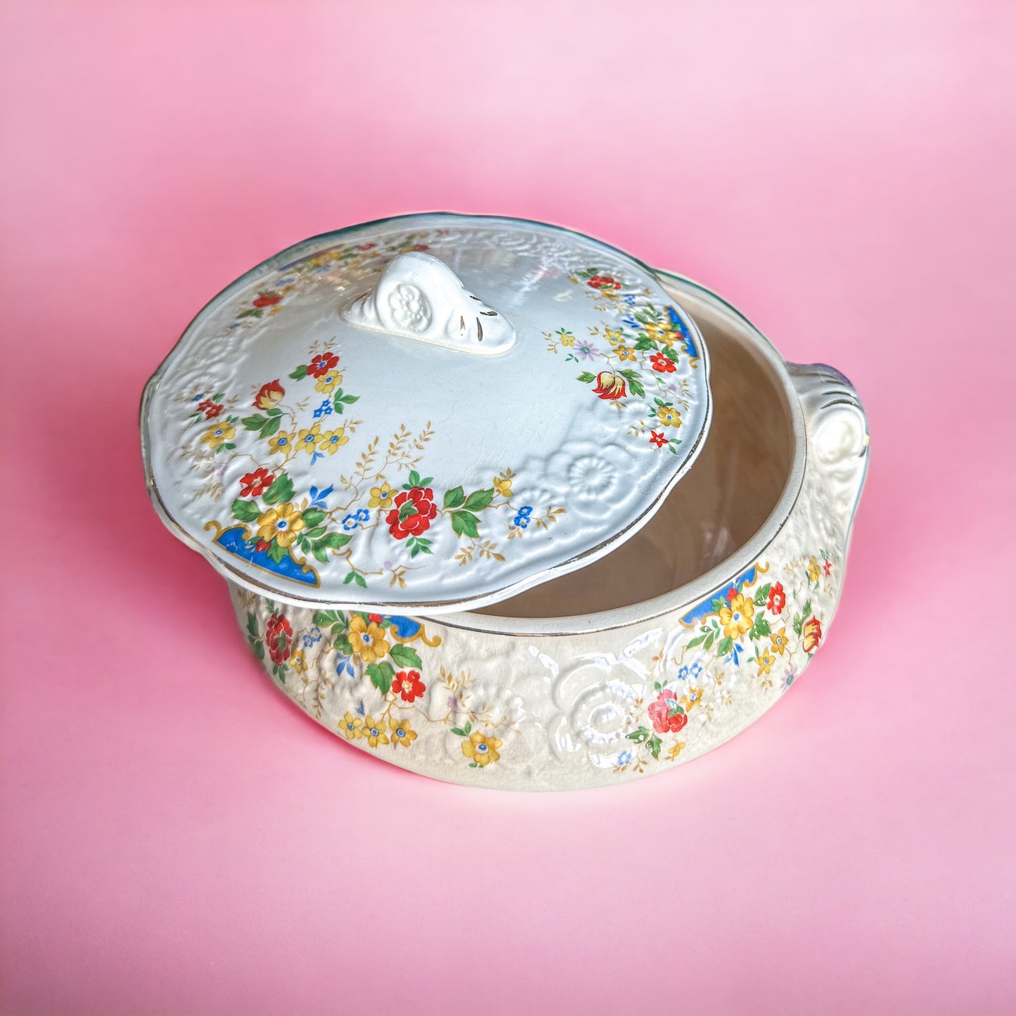Sovereign Potters Canada HOLLYHOCK Covered Vegetable Bowl, Lidded Serving Bowl, Floral Serving Bowl, Canadian Pottery (1930's)