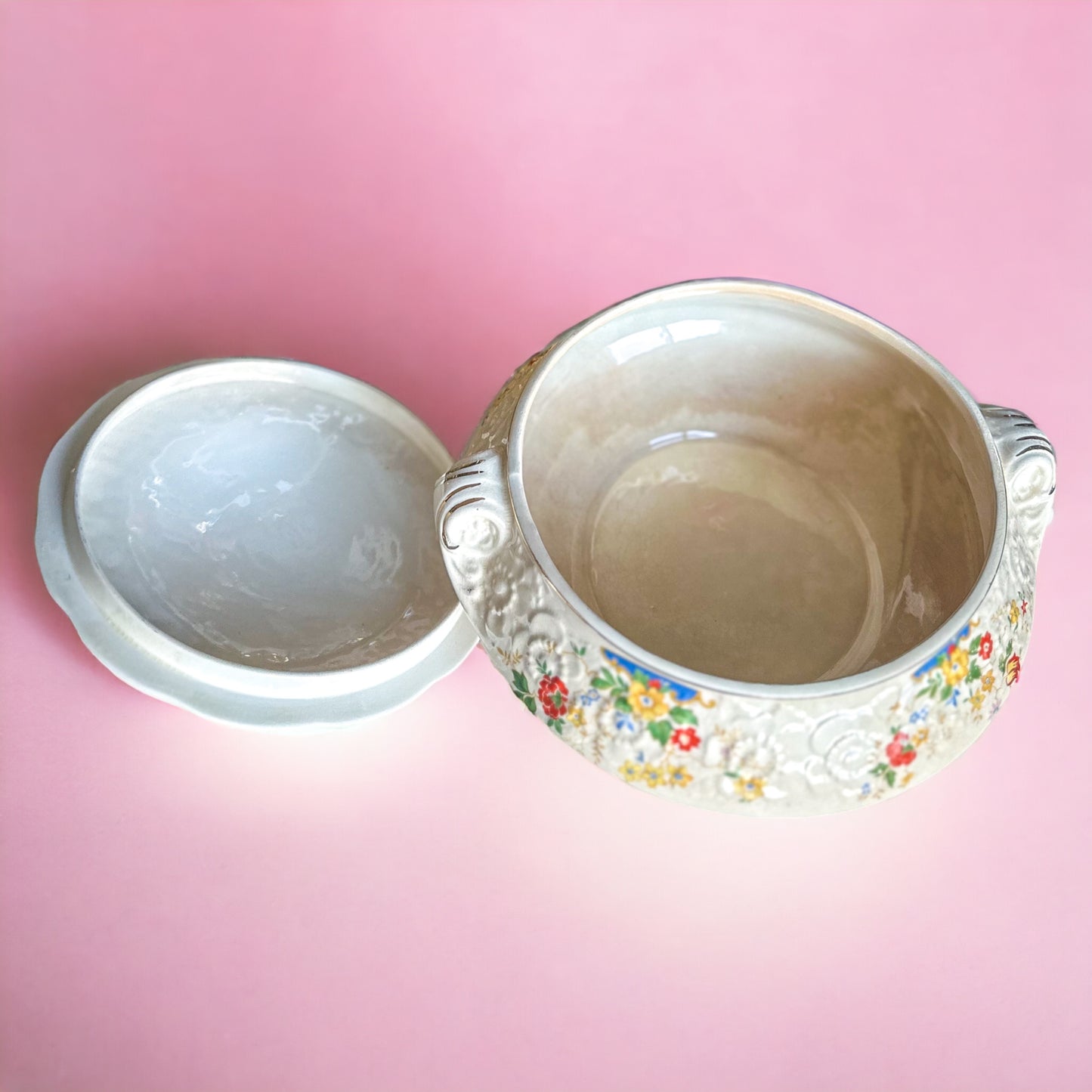 Sovereign Potters Canada HOLLYHOCK Covered Vegetable Bowl, Lidded Serving Bowl, Floral Serving Bowl, Canadian Pottery (1930's)