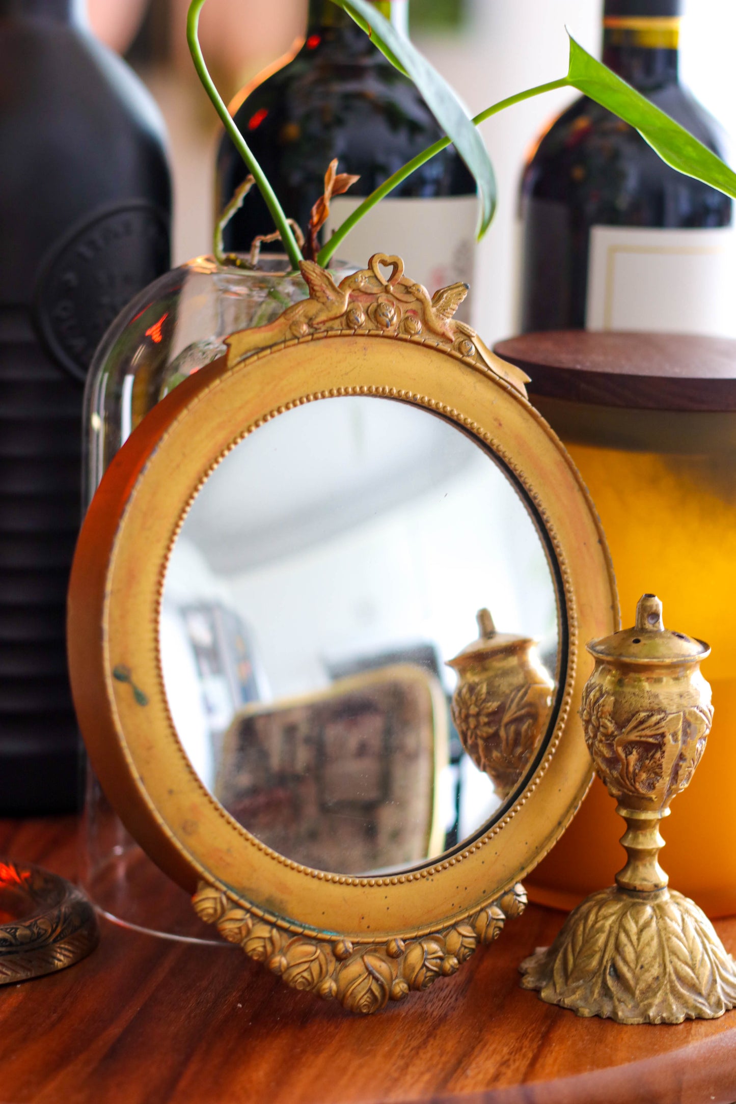 The Love Doves - Vintage Small Convex Round Brass Mirror