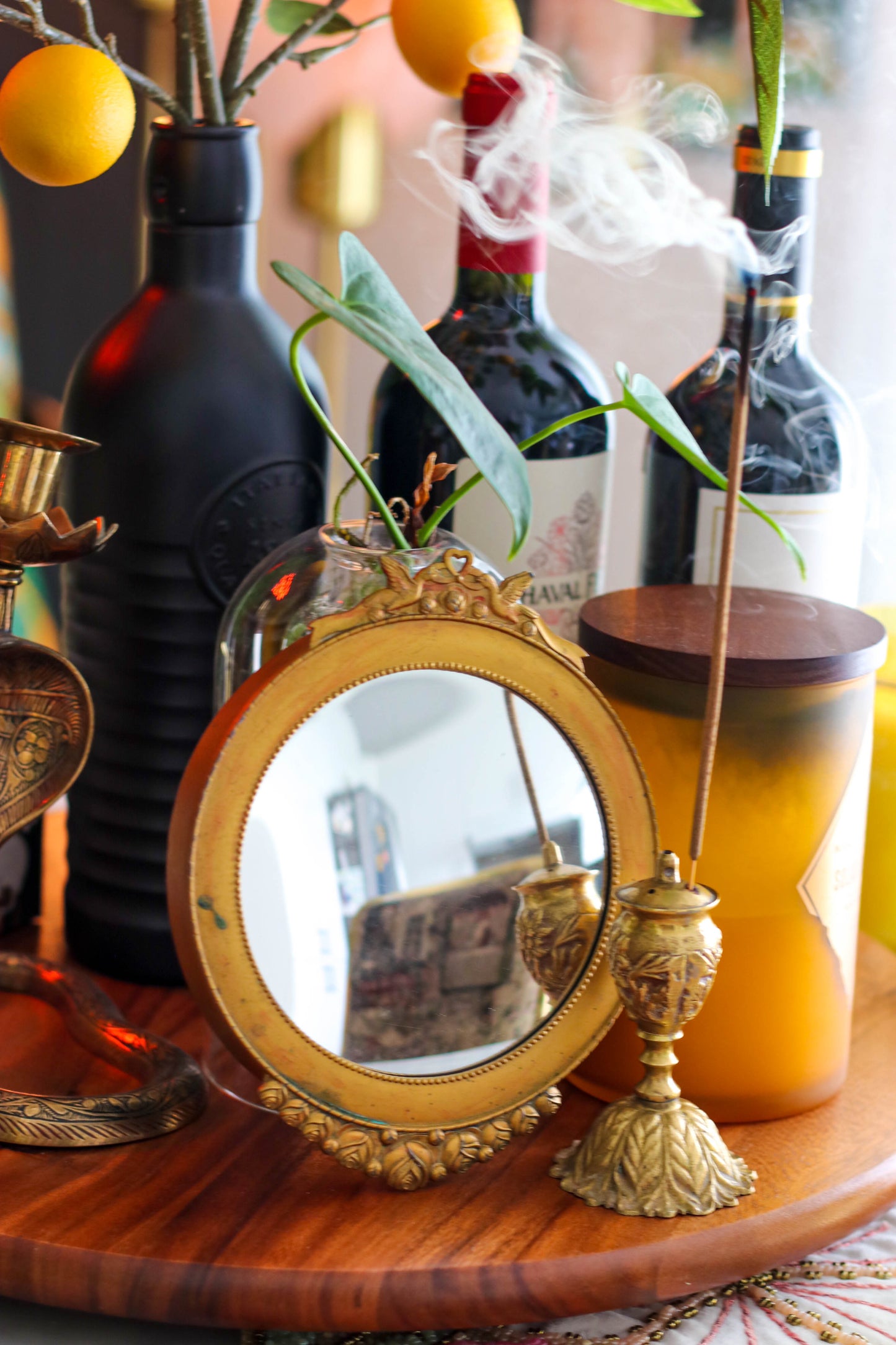 The Love Doves - Vintage Small Convex Round Brass Mirror