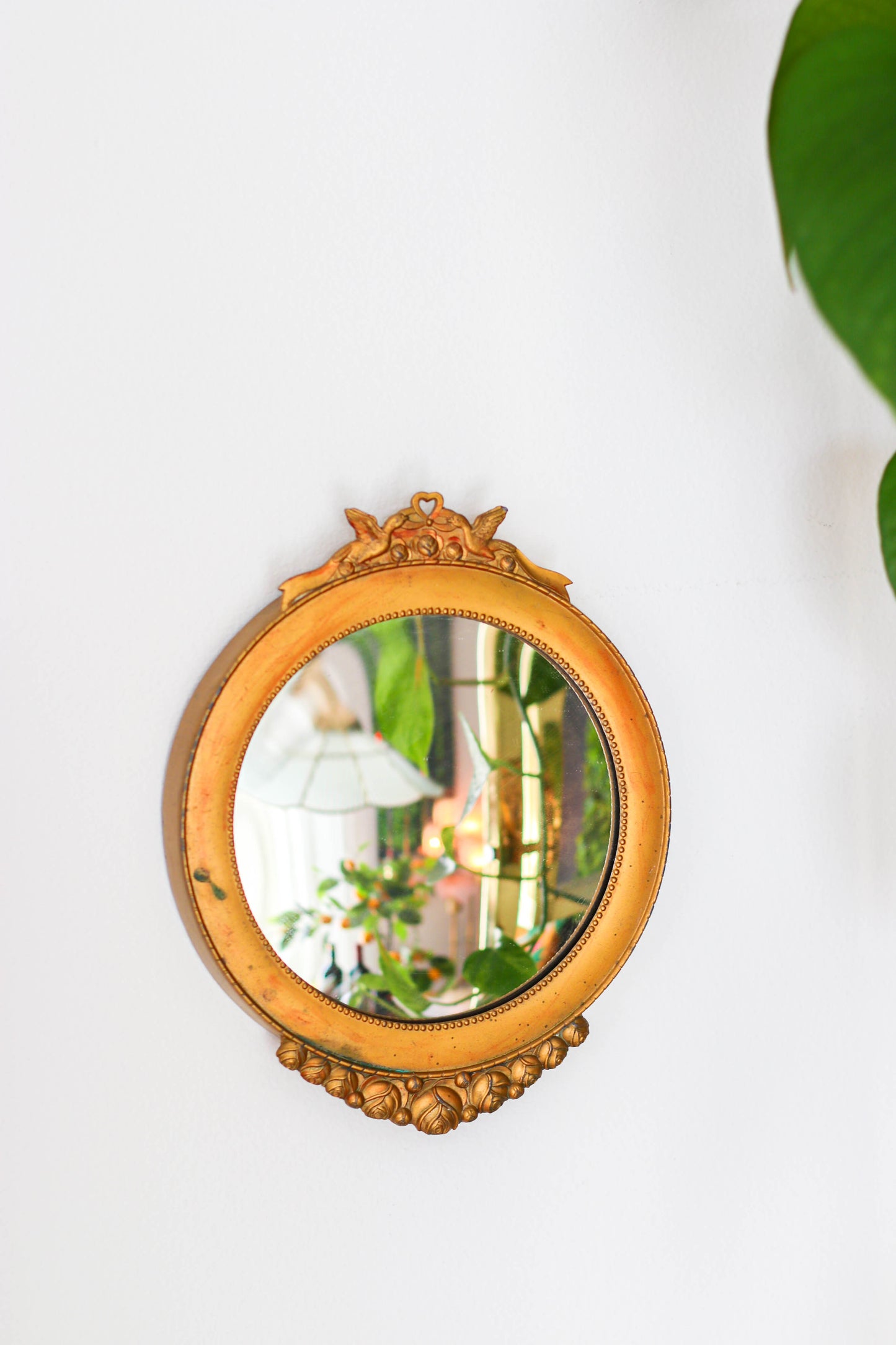 The Love Doves - Vintage Small Convex Round Brass Mirror