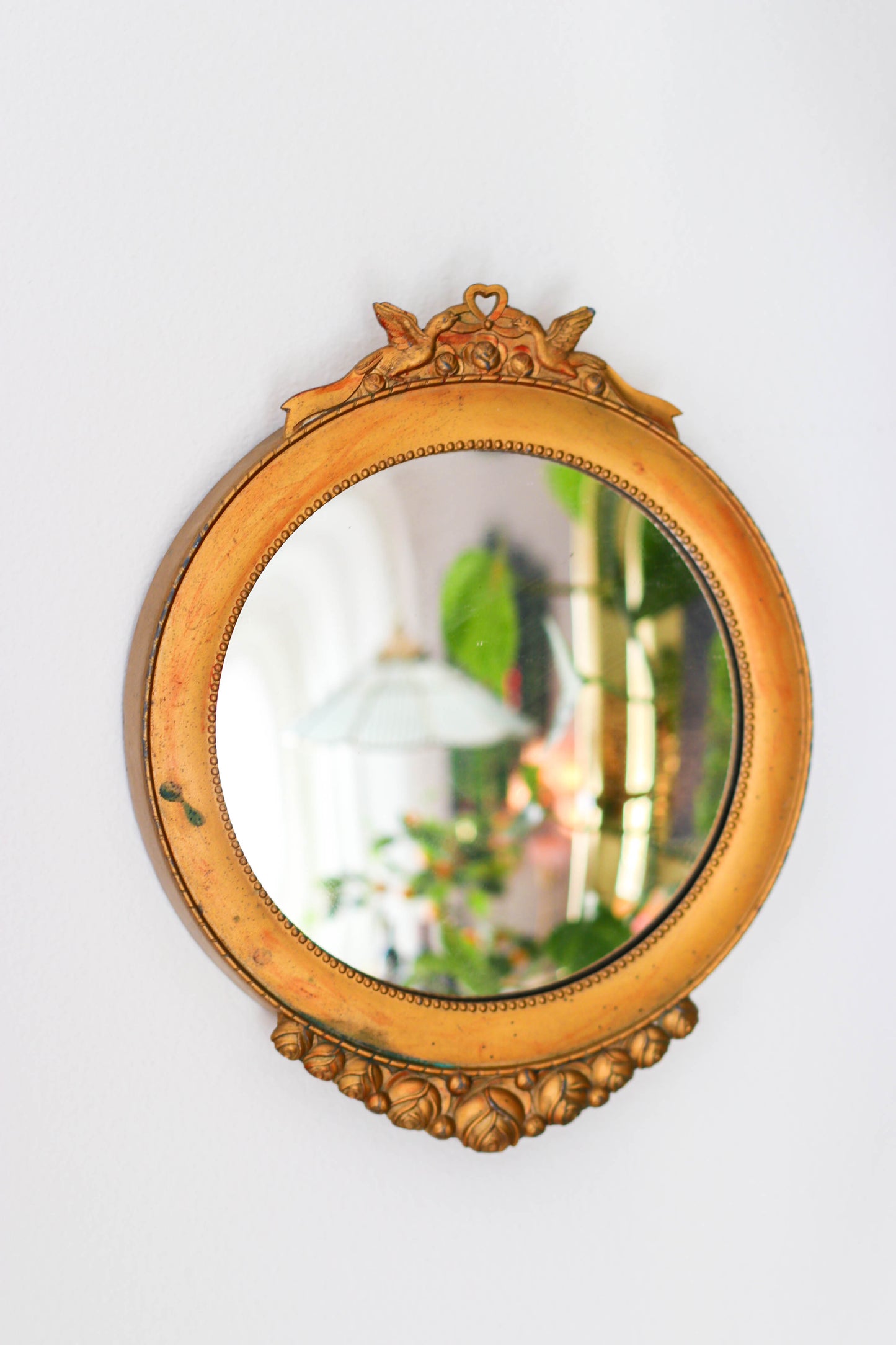 The Love Doves - Vintage Small Convex Round Brass Mirror