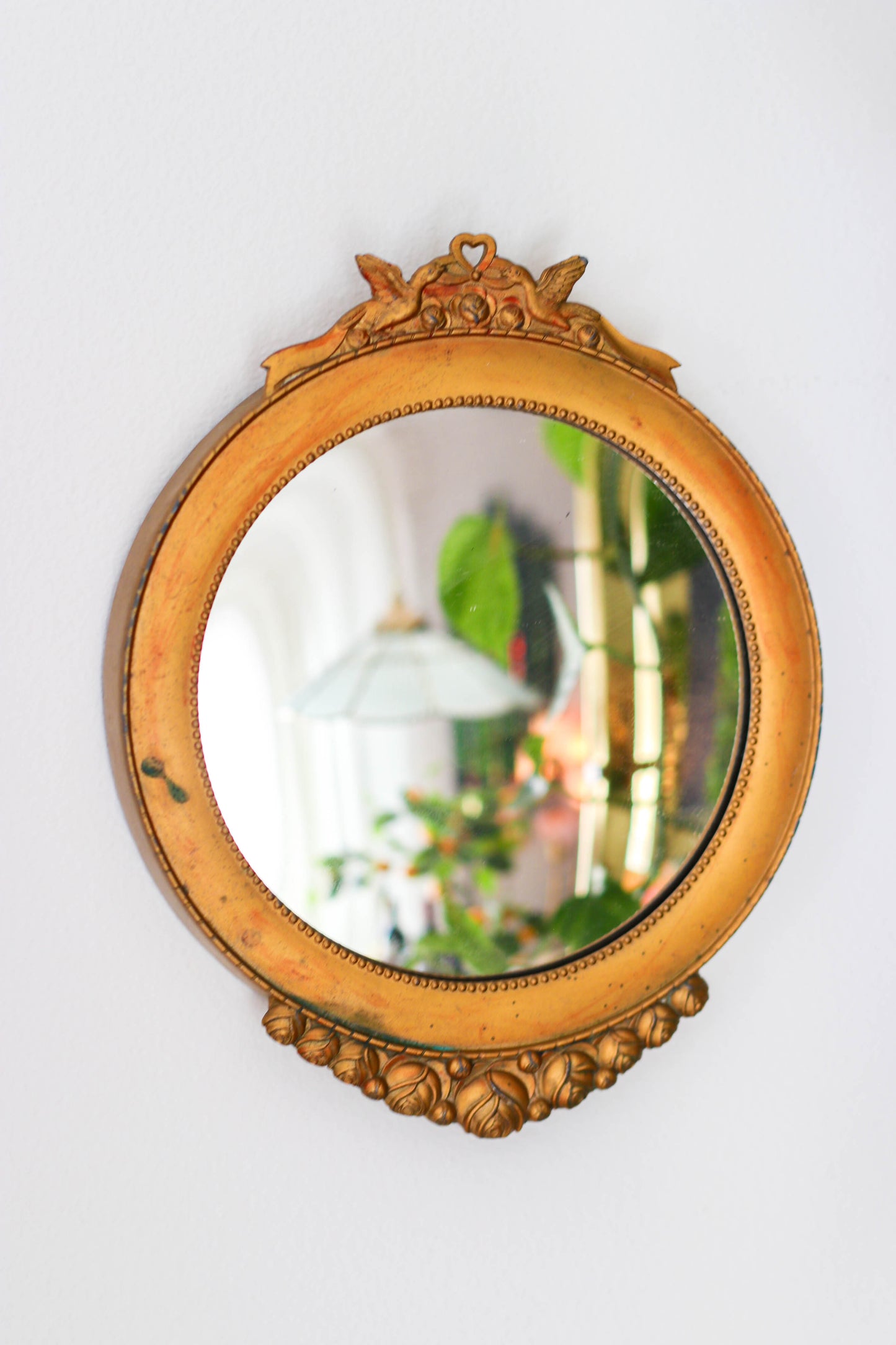 The Love Doves - Vintage Small Convex Round Brass Mirror
