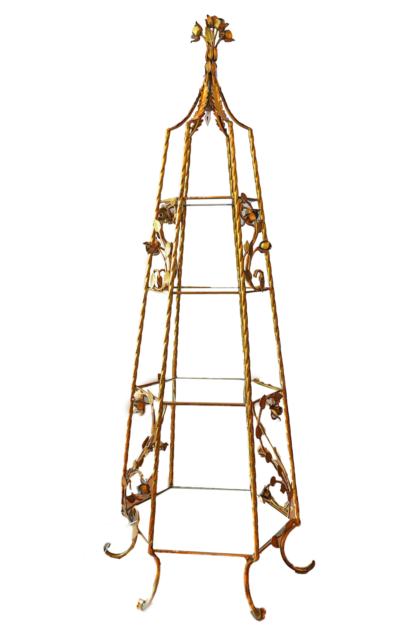 1940's Vintage Italian Florentine Tole Gold Gilt Lighted Etagere With Roses