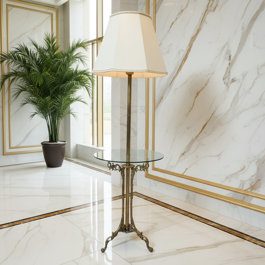 French Provincial Stiffel Floor Lamp With Glass Table And Tripod Legs
