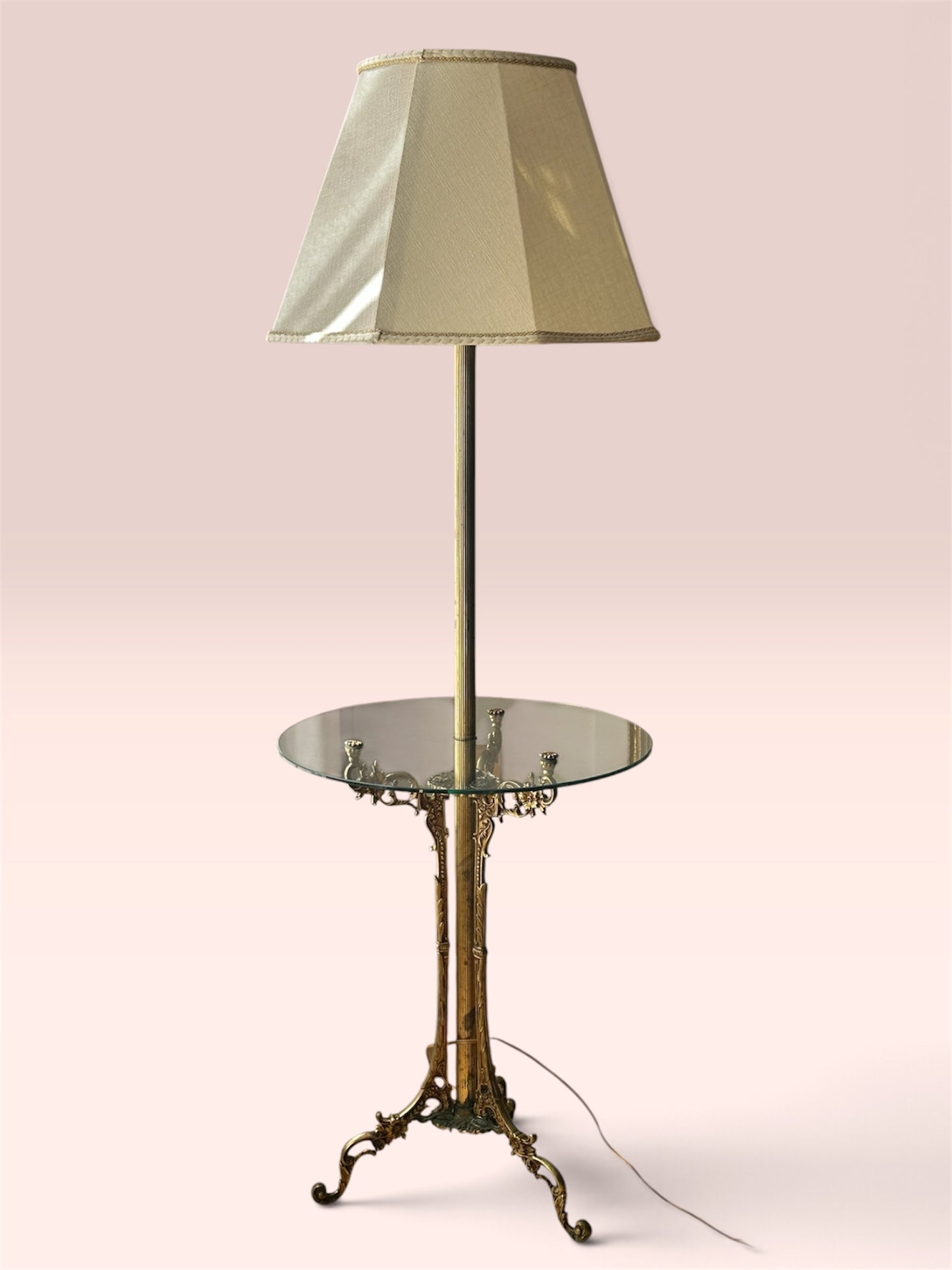 French Provincial Stiffel Floor Lamp With Glass Table And Tripod Legs