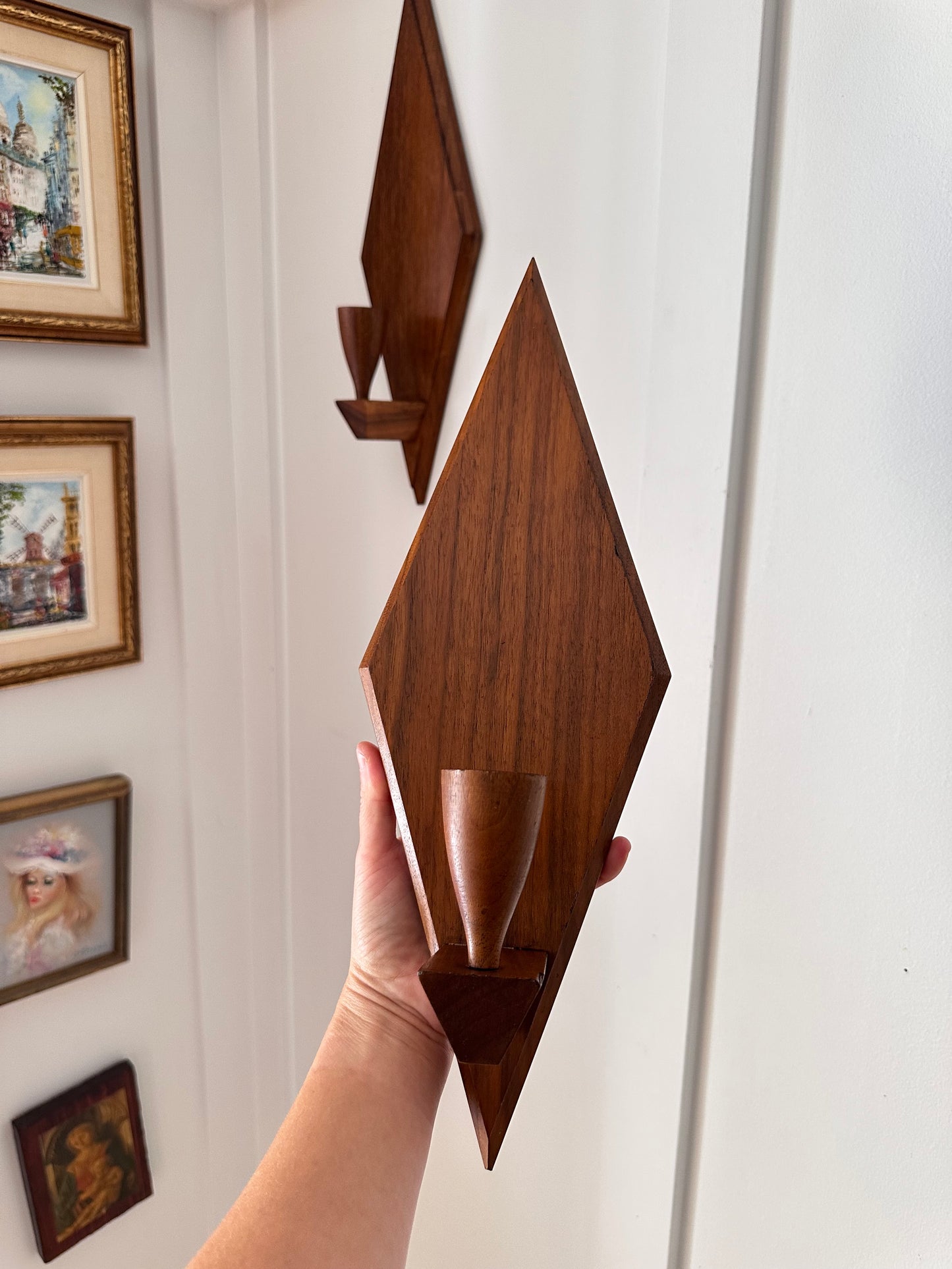 Pair of MCM Wooden Diamond-Shaped Wall Candle Sconces