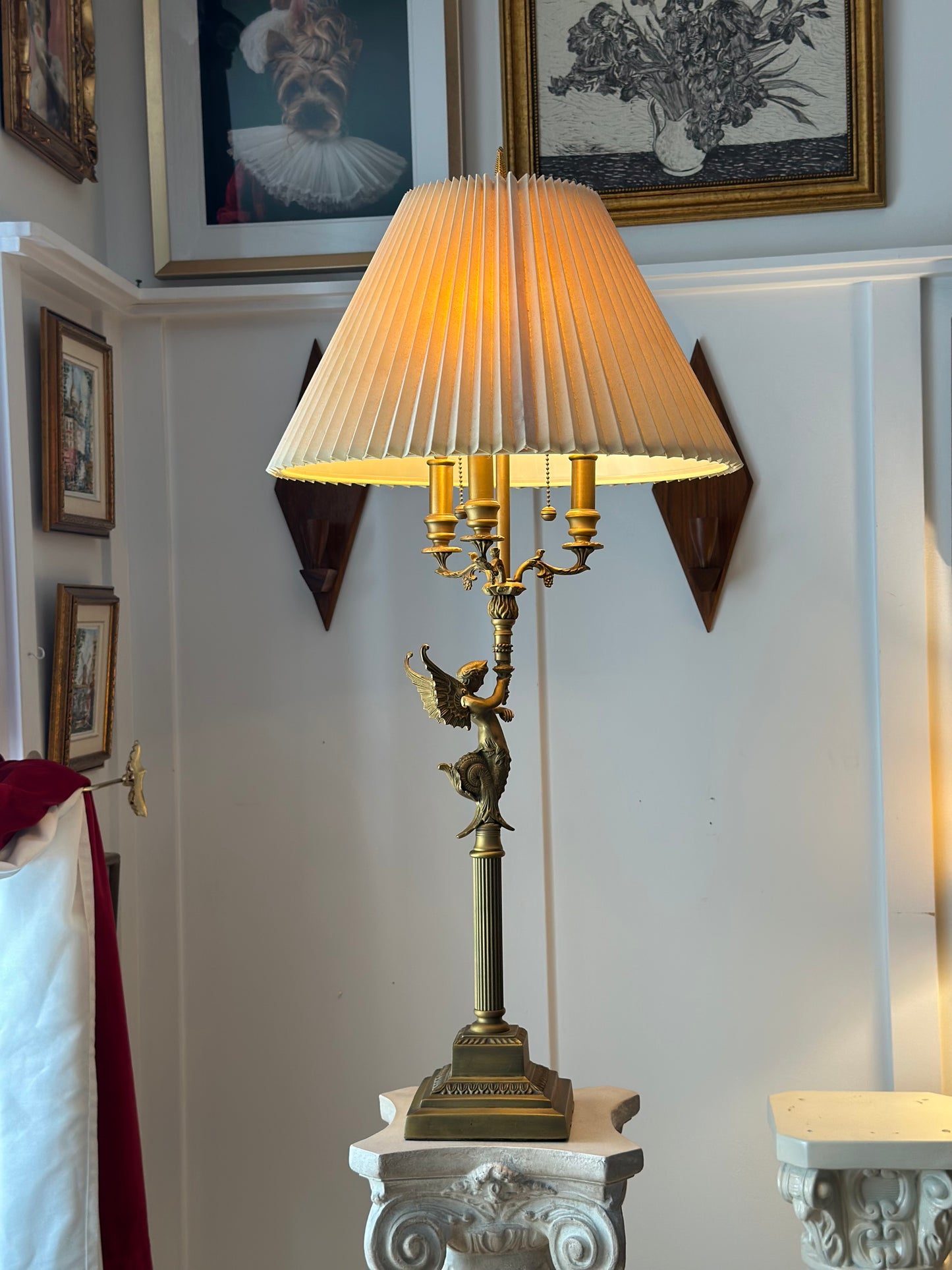 Bombay Vintage Brass Siren Table Lamp with Pleated Shade