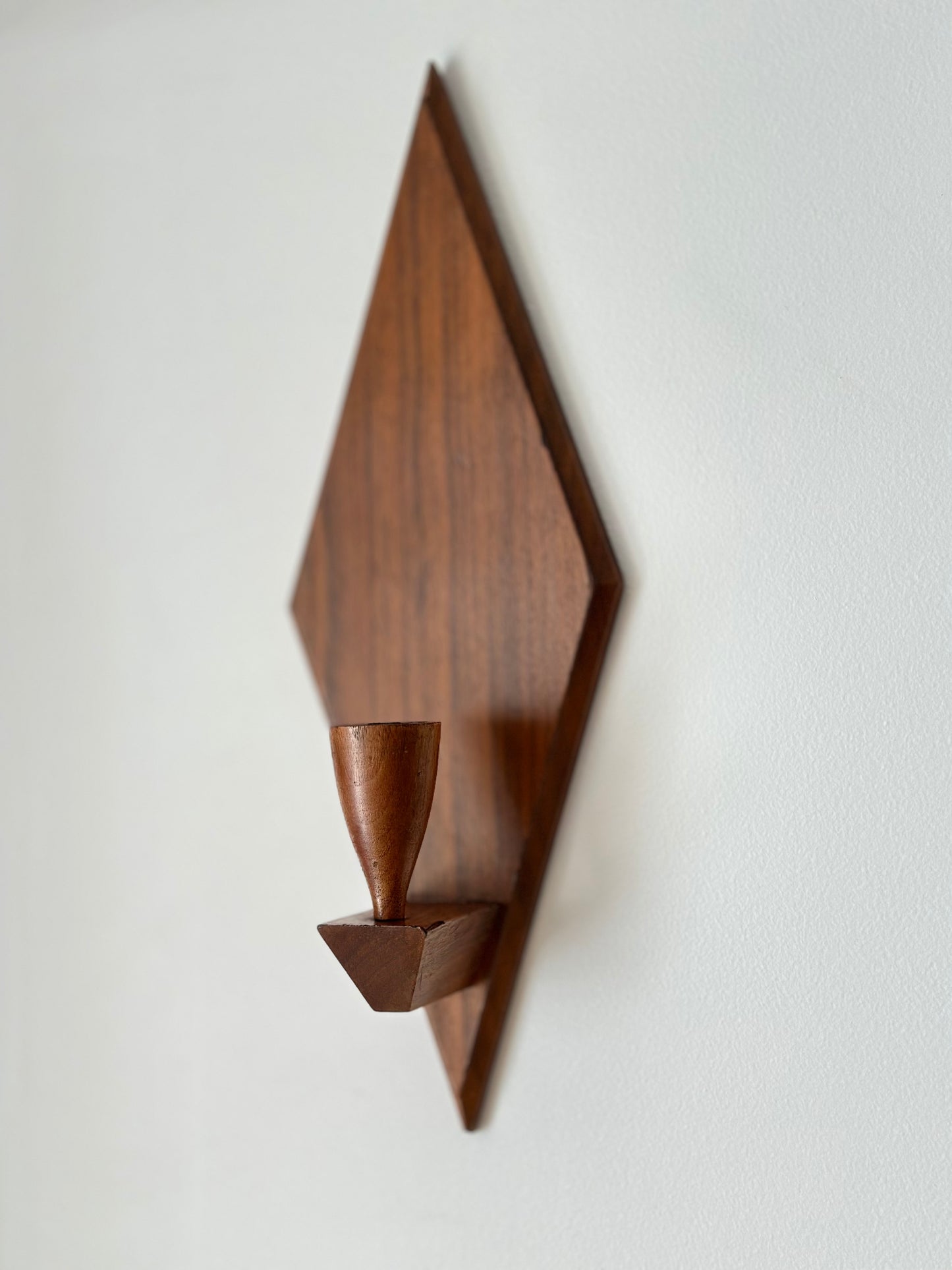 Pair of MCM Wooden Diamond-Shaped Wall Candle Sconces