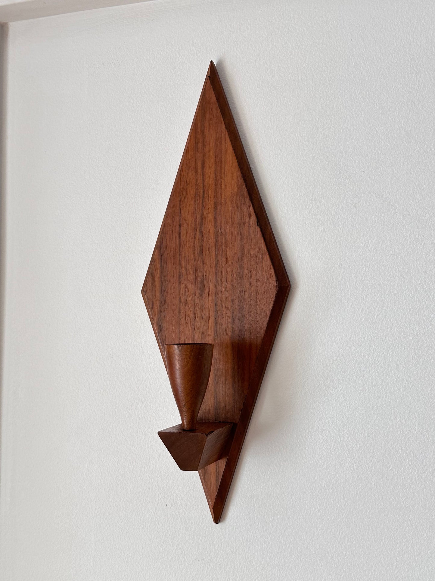 Pair of MCM Wooden Diamond-Shaped Wall Candle Sconces