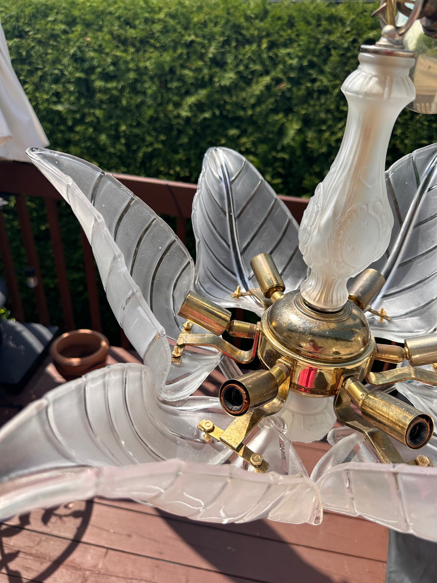 Vintage Murano Glass Leaf Chandelier with Brass Detailing