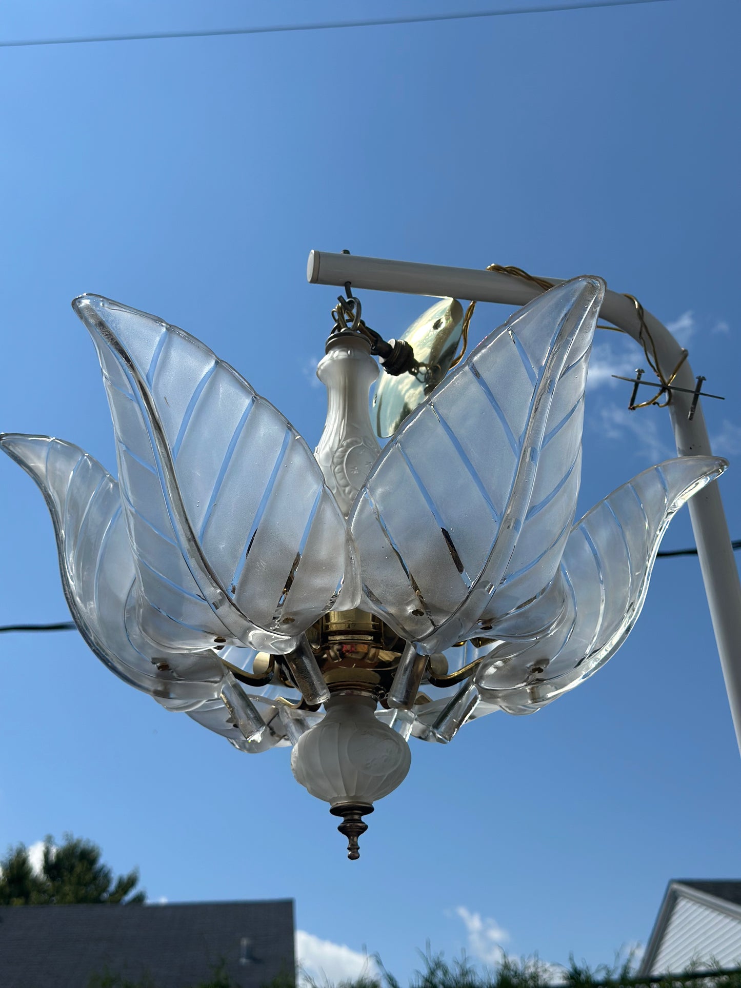 Vintage Murano Glass Leaf Chandelier with Brass Detailing