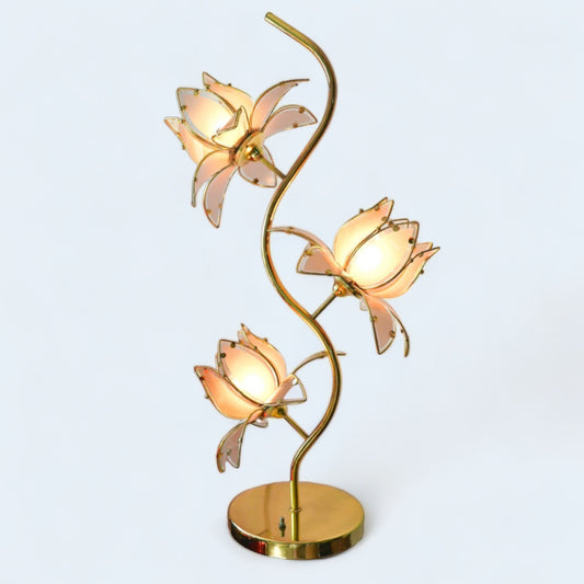 Lampe de table vintage en forme de lotus rose et or des années 1970 avec 3 têtes